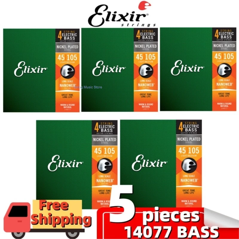 5 Packs 14077 Nanoweb Elixir Nickel Plated Steel Electric Bass Strings Guitar Strings Medium 045 -105 Guitar Accessories 14777