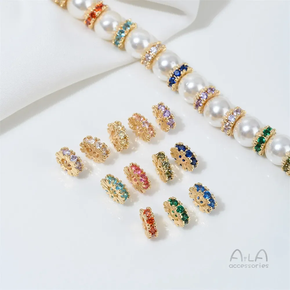 T382 14K Gold-plated Zircon Birthstone 8mm Spacer Pieces, Hand-made Diy String Pearl Crystal Bracelet Accessory Material
