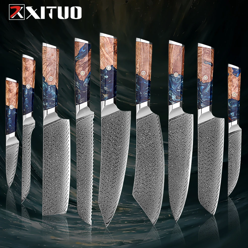 Damascus Knife Set 1-9PC Chef Knife,Kitchen knife,Paring knife,High Carbon Stainless Steel,Full Tang Handle,Japan Cooking Knife