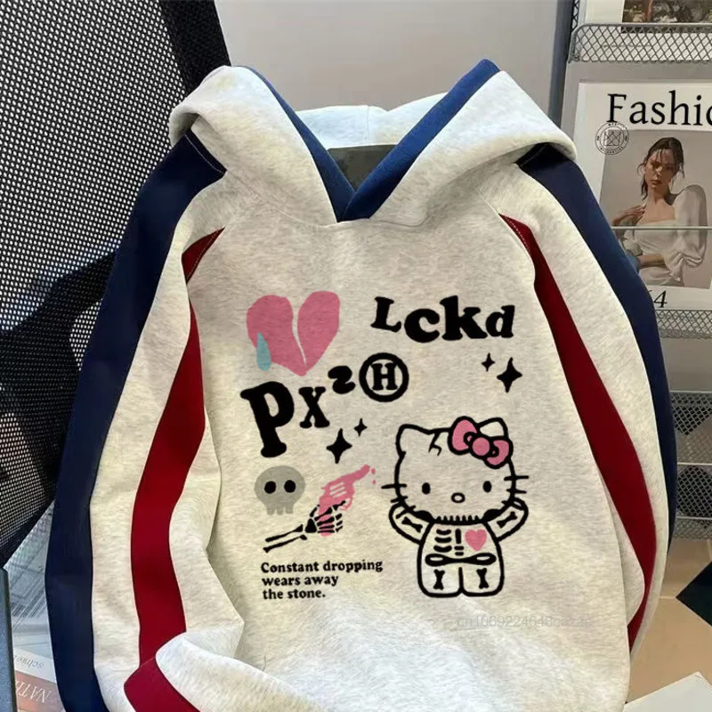 Sanrio Hello Kitty Cute Print Insert Color Hooded Sweatshirt Men Women Autumn Winter Plush Hoodie Japanese Style Casual Pullover