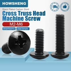 HOWSHENG 10-100pcs Truss Head Black Phillips Screw M2 M2.5 M3 M3.5 M4 M5 M6 Black Plated Large Cross Round Head Machine Screws