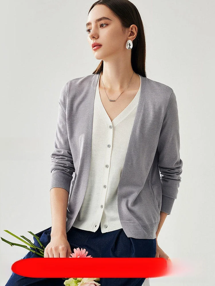 

Miaojun Spring Summer New Lightweight V-Ne Open Cardigan Wool Blend Double Layer Color Blo Women's Outerwear Jaet