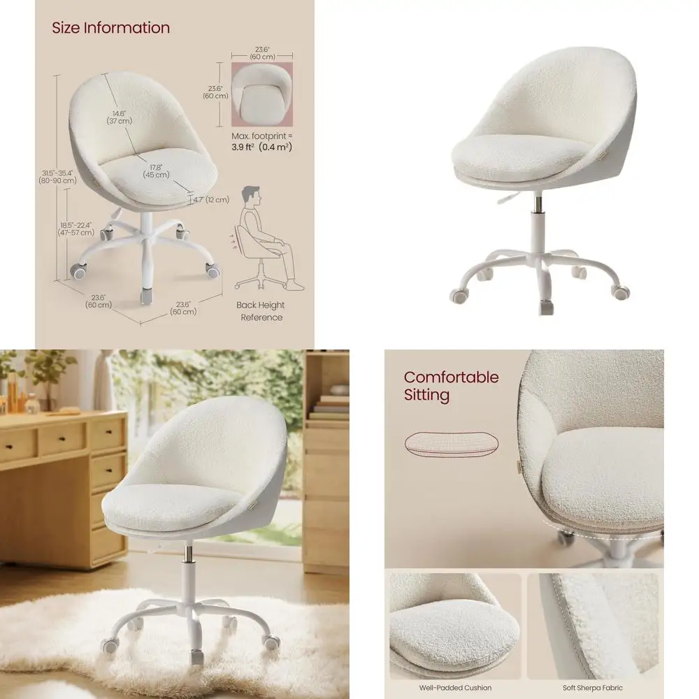 

Adjustable Swivel Desk Chair with Wheels, Sherpa & PU Leather, Lumbar Support, Suitable for Small Spaces, Bedroom Use, Puccino B