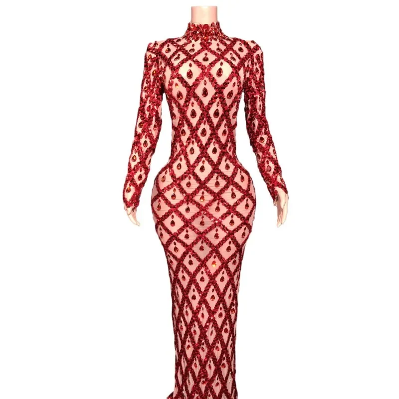 Vestido de strass brilhante personalizado para vestido de festa à noite feminino saia longa para performance de dança e vestido de competição