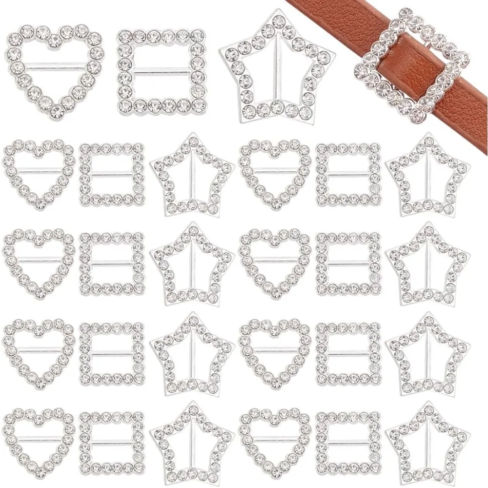 60Pcs Rhinestone Ribbon Buckles, 3 Style Mini Buckles Crystal Buckle for DIY Craft, Square Heart Star Shape Belt Buckle Sliders