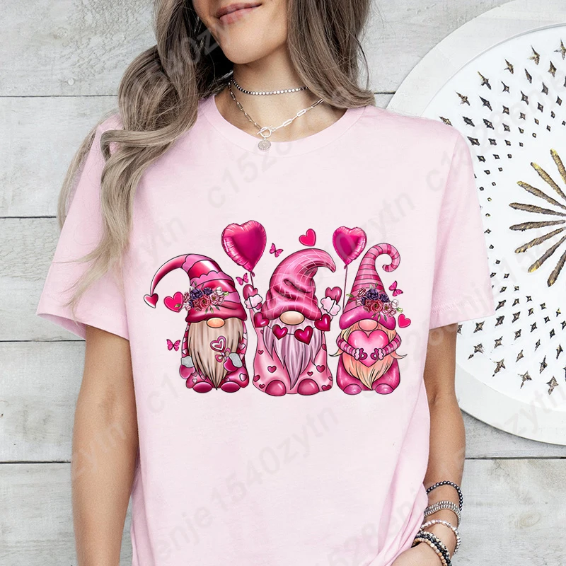 

Valentine's Day Pink Heart Gnome Graphic T-shirt Women Summer Fashion Casual Short Sleeve T Shirt Round Neck Tops Ladies T-Shirt