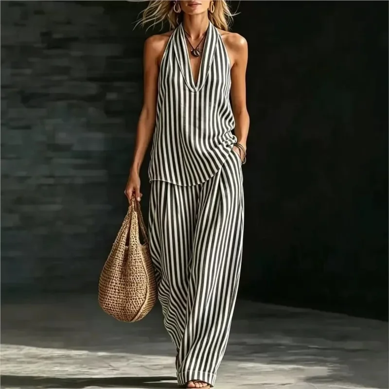 

Women's Casual Two-piece Set Spring Summer Striped Wide-leg Pants Halter Top Cotton And Linen Two-piece Set For Women Clothing