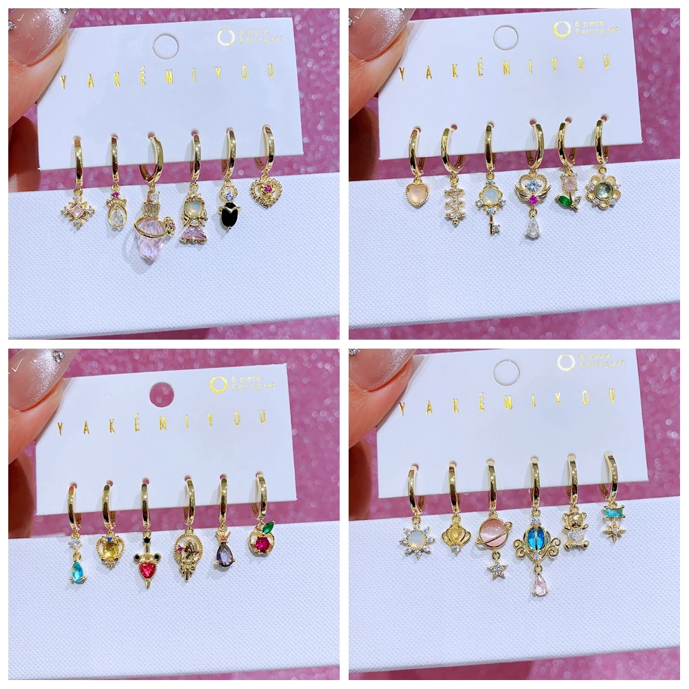 MIGGA 6pcs/set Lovely Fairy Princess Dangle Earrings Gold Color Zircon Stone Women Girls Party Jewelry