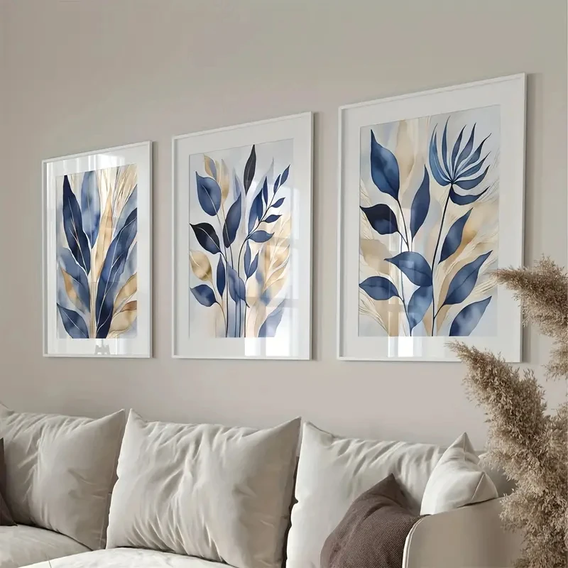 

3 Pcs /Set Frameless Blue and Light Gold Watercolor Plants Abstract Flowers Canvas Poster Picture Wall, Suitable for Modern Living