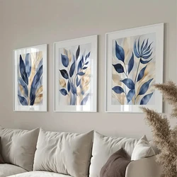 3 Pcs /Set Frameless Blue and Light Gold Watercolor Plants Abstract Flowers Canvas Poster Picture Wall, Suitable for Modern Living
