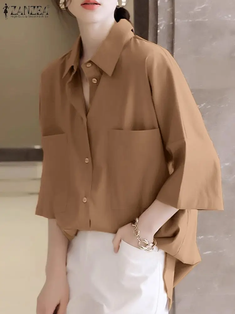 ZANZEA Korean Fashion Shirt Women Autumn Lapel Neck 3/4 Sleeve Cargo Tops Casual Ovetsize Blouse Female Loose Buttons Work Blusa