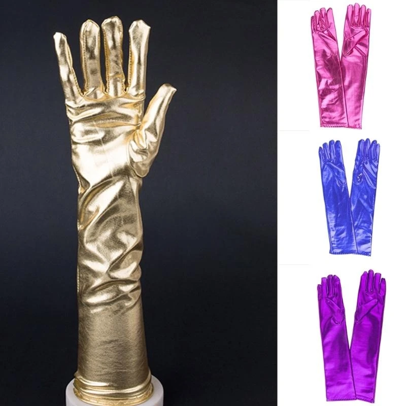 R1WE Womens 17 Inch Long Metallic Cosplay Gloves Wet Look Faux Leather Sparkly Gloves