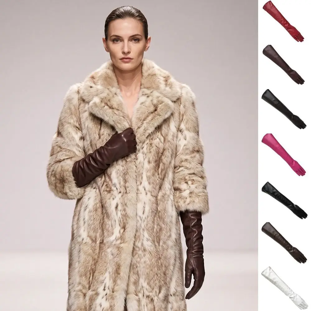 Fashion Solid Color Pu Leather Gloves Touch Screen Full Finger Long Gloves 1920s Warm Touch Screen Mittens Women