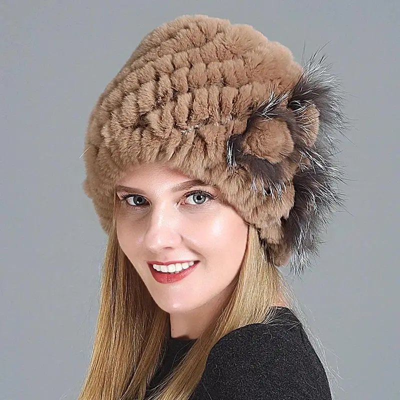 

Women's Fox Hats Autumn and Winter Cap Warm Thickened new fox flowers knitted double hats for adults real rex rabbit fur hats