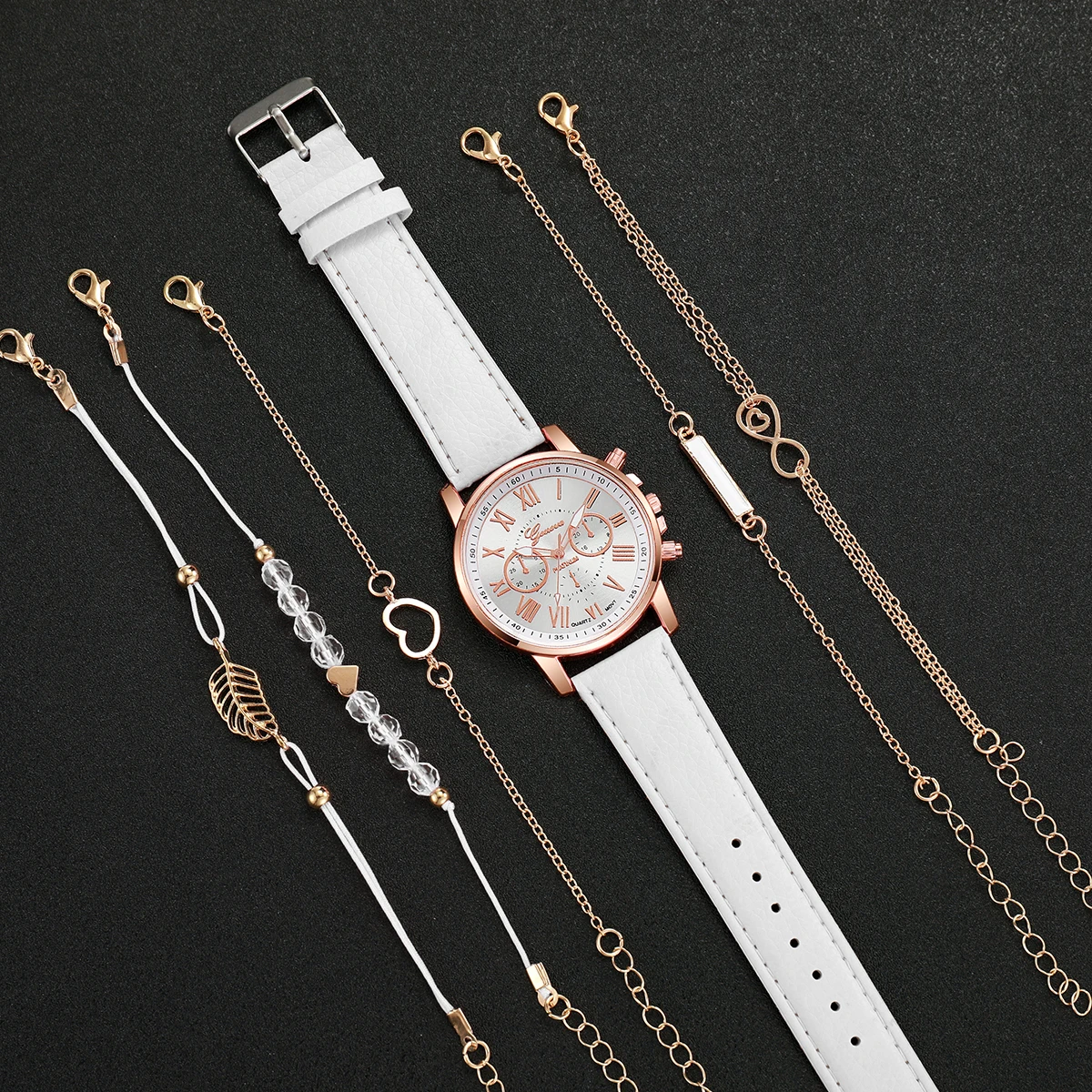 6PCS/Set Fashion Watch Women's Casual Leather Strap Versatile Round Dial Quartz Watch with Heart Trees Bracelet Set