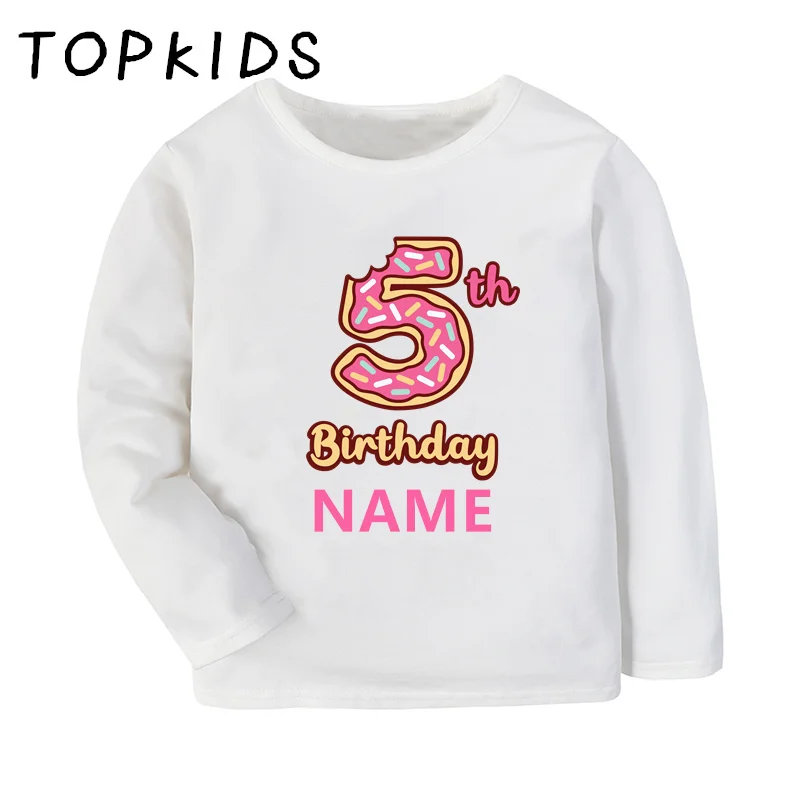 Customize Name Kids T-shirts Donuts My 1 2 3 4 5 6 7 8th Years Birthday Girls Clothes Baby Children Long Sleeve T shirt Present