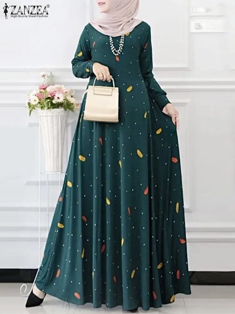 ZANZEA-vestido maxi boêmio de manga comprida para mulheres, estampa floral abaya, roupa islâmica, vestido de verão muçulmano, taco elegante, outono