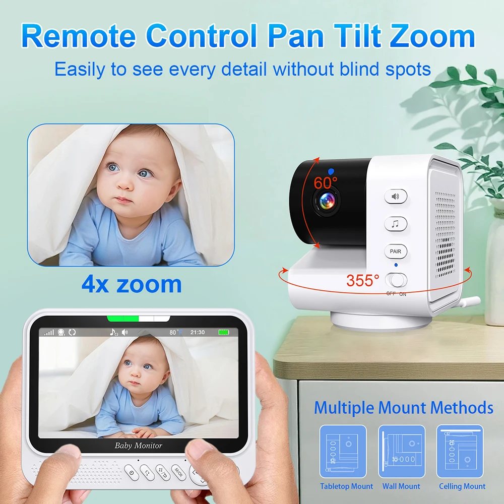 7'' Video Baby Monitor With 4X Zoom Video Cam No WiFi Two Way Audio Night Vision 5000mAh Battery Protection Surveillance Nanny view 6
