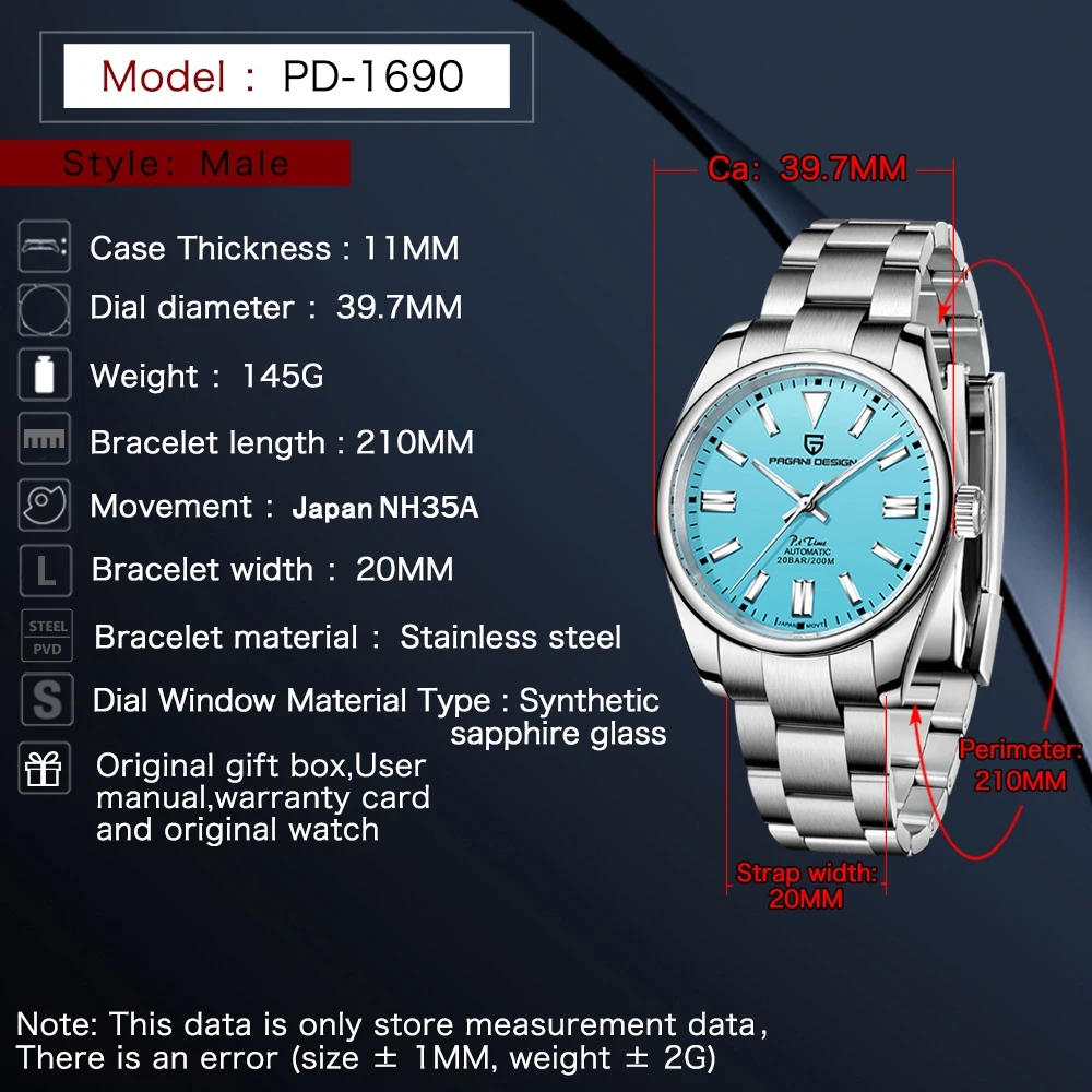 2024 PAGANI DESIGN men automatic mechanical watch Luxury Sapphire Steel Watch NH35A watch for men reloj hombre PD1690