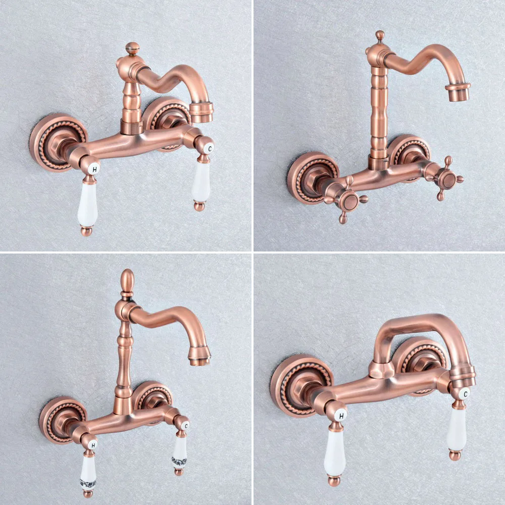 

Antique Red Copper Brass Wall Mounted Two Handles Levers Bathroom Kitchen Sink Faucet Mixer Tap Swivel Spout asf859