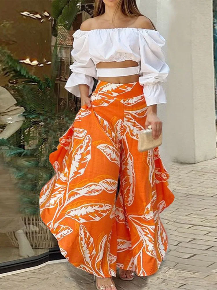 Pant Set Women Solid Slash Neck Full Sleeve Off Shoulder Tops Two Piece Sets Loose Casual Print Long Pants High Waist 2024
