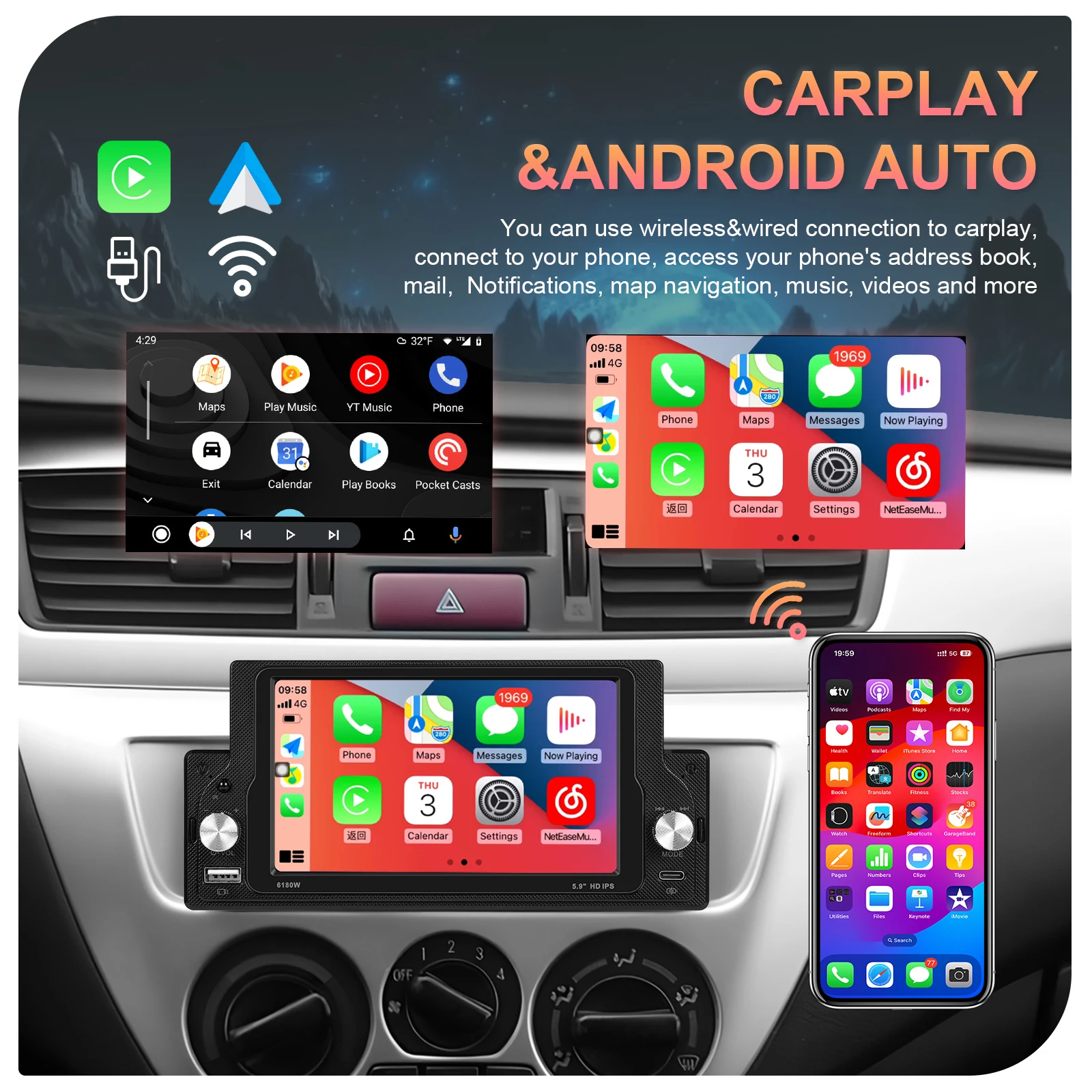 Podofo 1Din "لاسلكي Carplay أندرويد راديو السيارة التلقائي أندرويد 13 الوسائط المتعددة فيديو سيارة مشغل MP5 BT FM ستيريو USB راديو السيارة