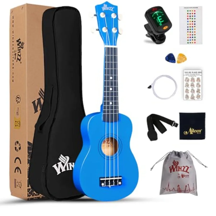 Kit de Iniciación de Ukelele Soprano para Principiantes con Bolsa, Afinador de Clip, Cuerdas Adicionales, Correa, Púa, Pegatinas de Notas, Tarjeta de Acordes y Pulidor