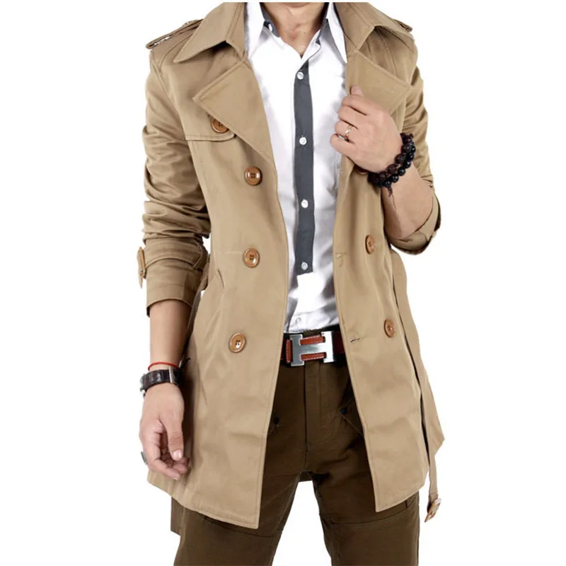 Blusão masculino jaqueta vintage preto cáqui primavera outono negócios trench masculino duplo breasted retro clássico longo casaco grosso