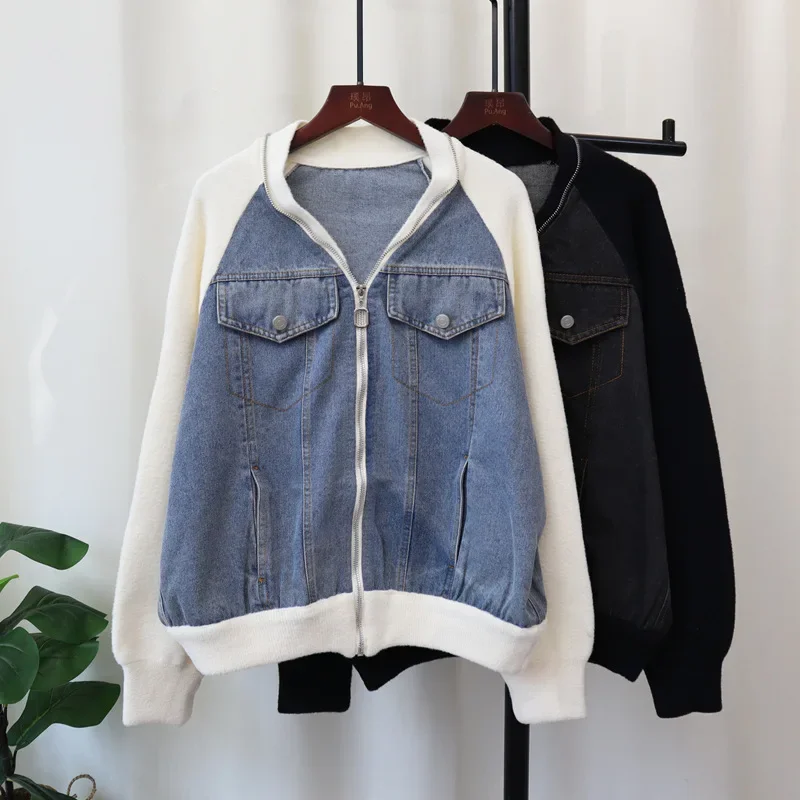 

2024 Women Denim Sweater Cardigan Kintted Button Loose Spring Pullovers Zipper Autumn Vintage Winter Streetwear Y2k Jumper Coat