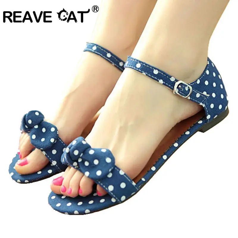 REAVE CAT Big Size 34-43 Sweet Polka Bow shoes Transpierce Gentlewomen Brief Hasp flat-bottomed Female Sandals  Summer flat