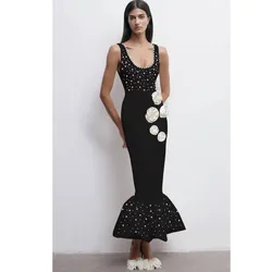 Couture Elegant Black Mermaid Women Party Dresses With Pearls And Handmade Flower Details Fashion Maxi Gowns