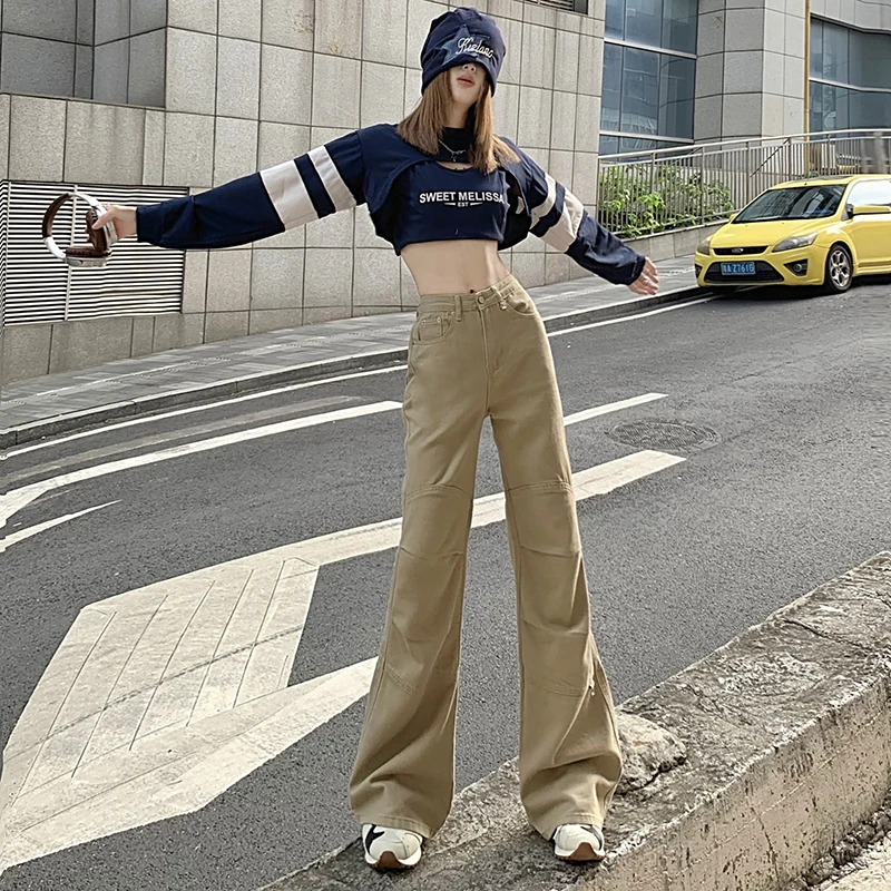 Women High Waist Cargo Flare Jeans Korean Vintage High Street Wide Leg Jeans Denim Pants Simple Streetwear Trousers