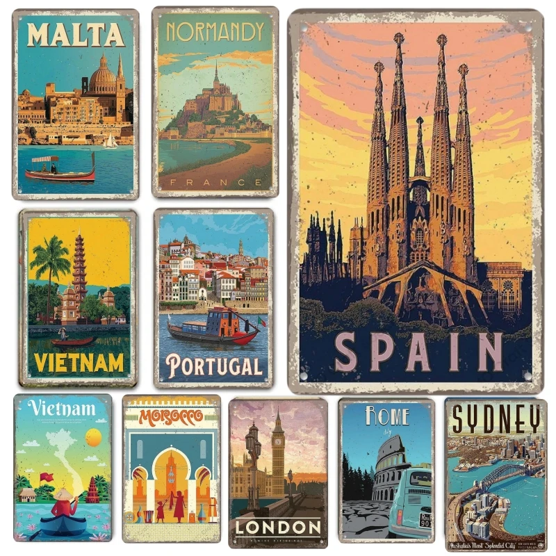 Letrero Metálico Plano 2D, Juego de Letreros Vintage de Viaje, Malta, Normandía, España, Vietnam, Portugal, Marruecos, Londres, Roma, Sídney, Arte Retro para Pared