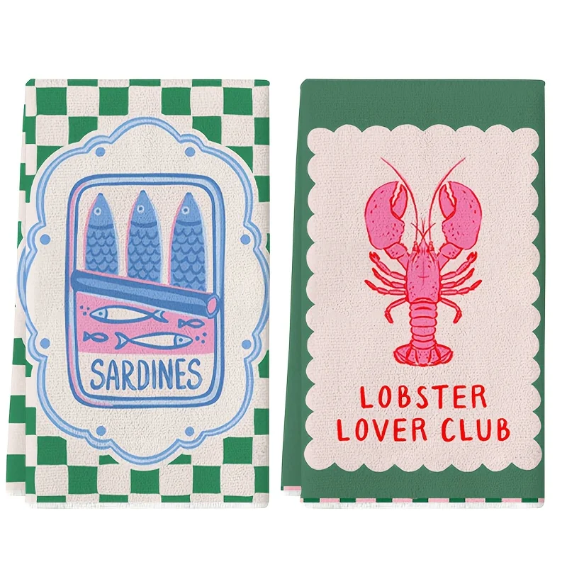 2 piezas, toallas de cocina divertidas con diseño de langosta rosa y sardina azul, juego de toallas de 40 cm x 60 cm, las mejores toallas de cocina, paño de limpieza suave súper absorbente, toallas de cocina para cocinar y hornear, toallas de mano, paños 
