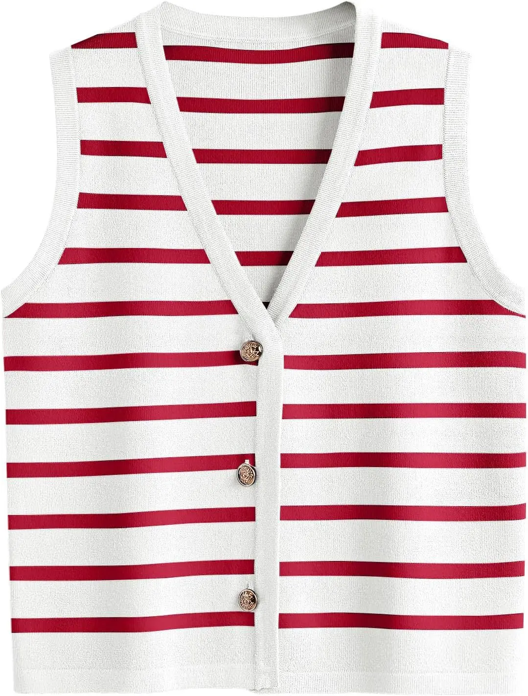 Women's Casual Vest Slim Fit Contrasting Striped Round Neck Sleeveless Single Breasted Cardigan Summer Daily Short Sweater Vest
