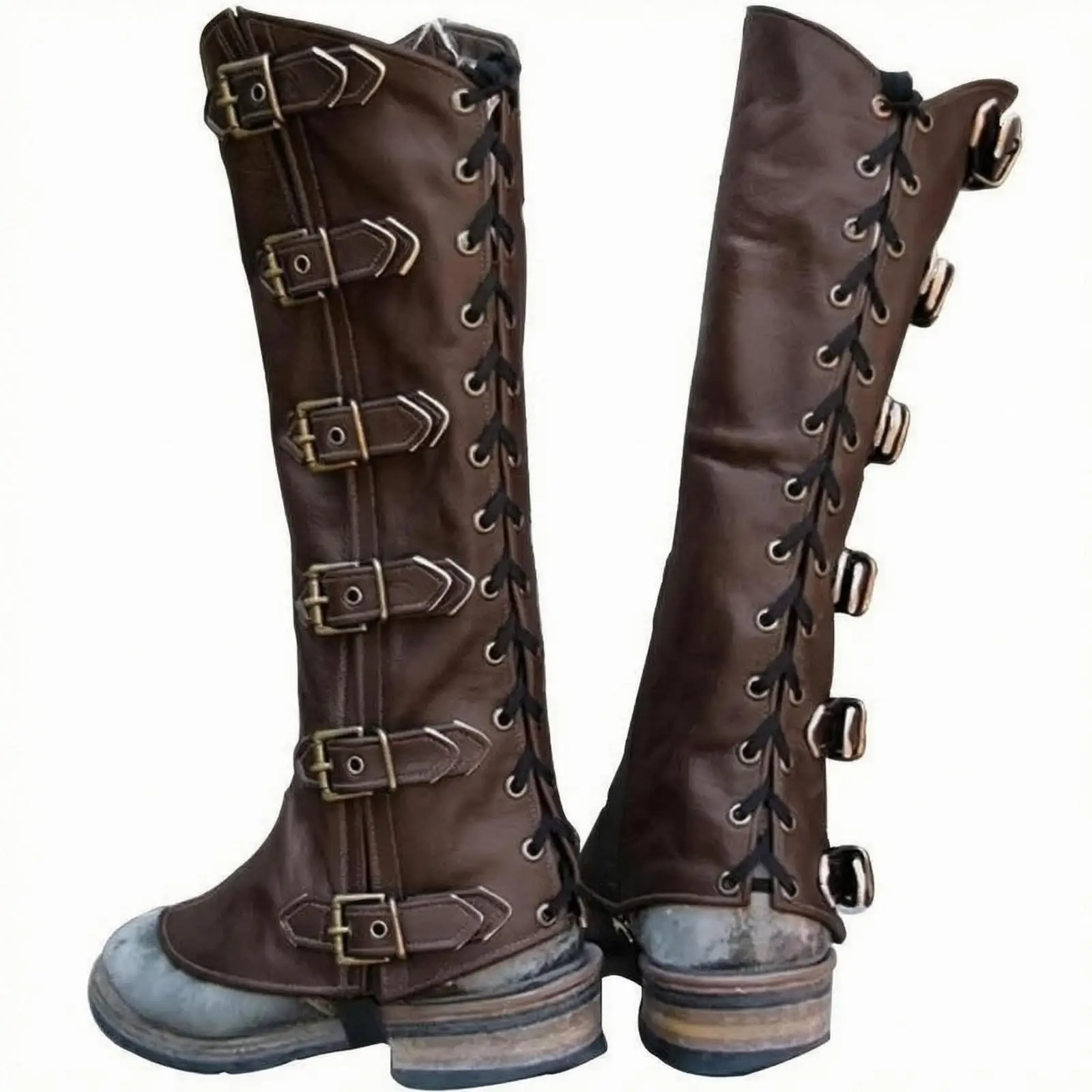 Medieval Boot Covers for Men Women PU Leather Lace Up Barbarian Boot Cover with Buckle Straps Gothic Cosplay Costume Accessory