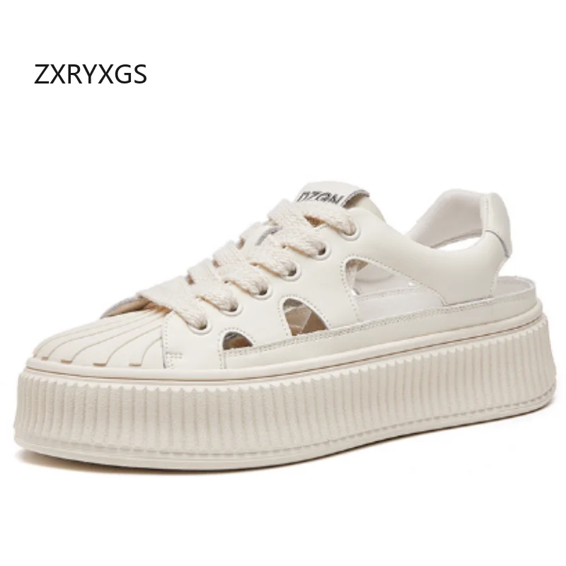 ZXRYXGS 2026 Crisscross Straps Summer Genuine Leather Sneakers Women Sandals Hollow Round Toe Platform Shoes Increase Sandals