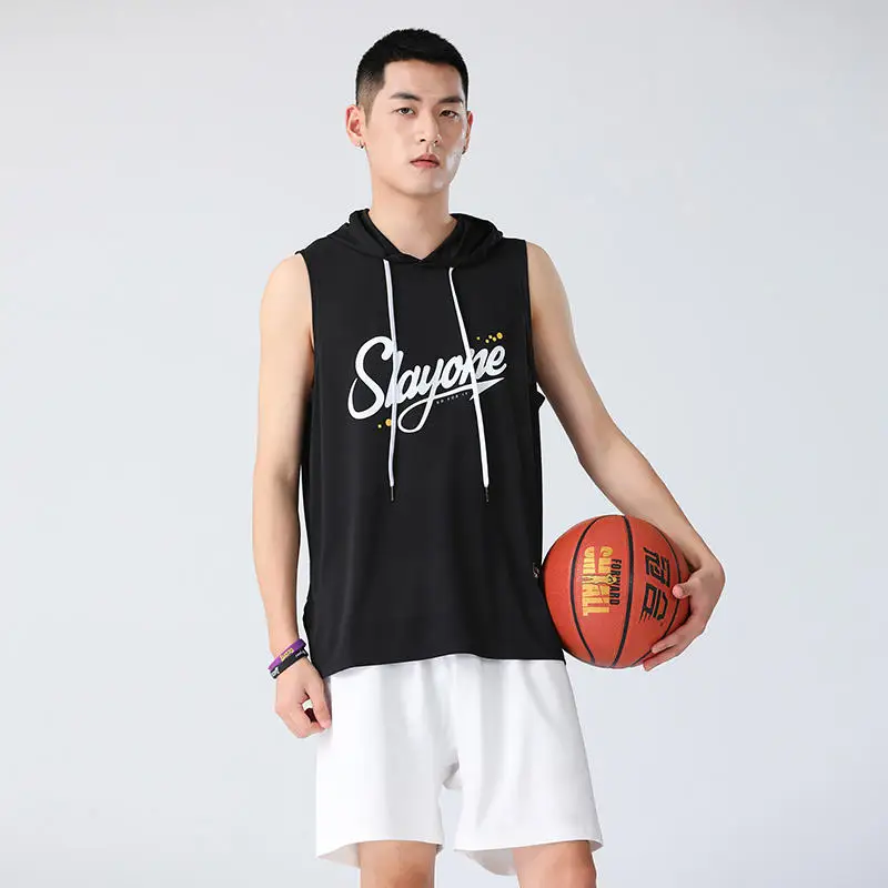 Youth and Adult Players' Black Basketball Shooting Jersey Tank Top with Hood Sports Workout Printed Sleeveless Hooded T-Shirts