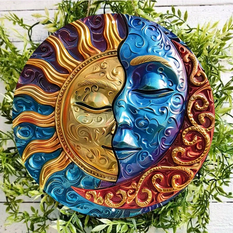 Sun and Moon Face Aluminum Metal Sign, Round Wall Decor, Pre-drilled Holes, Wall Art, Home Decor, 8x8 Inch (20x20cm), 1Pc