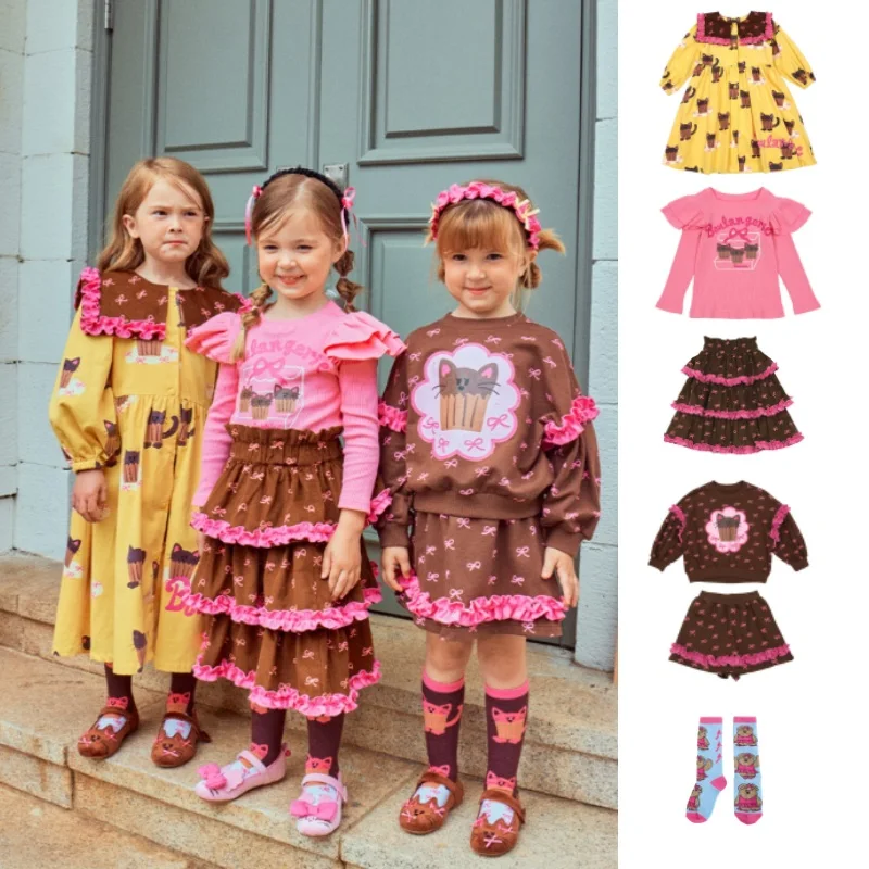 

Girls Sweatshirt Set 2025 Autumn New Printed Fashion Lapel Korean Girls Dress Cotton Pink Cute Long Sleeve T-Shirt Cake Skirt