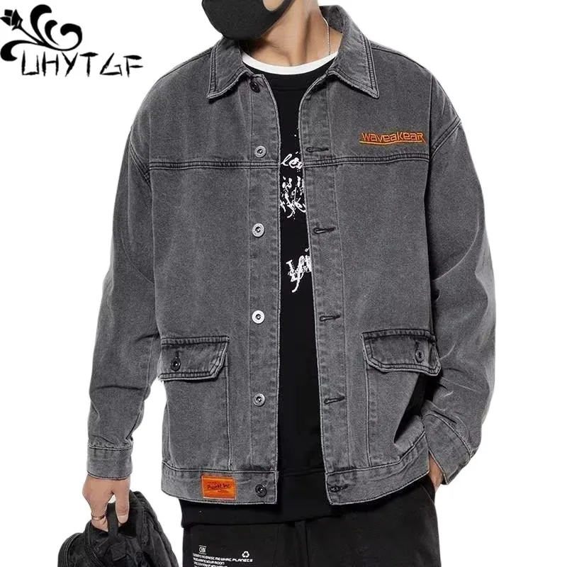 

UHYTGF Spring Autumn Denim Jacket Men's Korean Loose Casual Male Jeans Coat Long Sleeve Tooling Cowboy Outerwear For Men 4XL 333