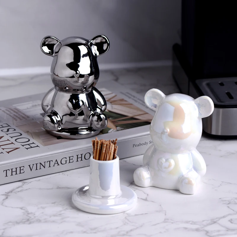 1 piece of ceramic toothpick holder, cute shaped cotton toothpick holder with a caring teddy bear, fashionable home decoration,