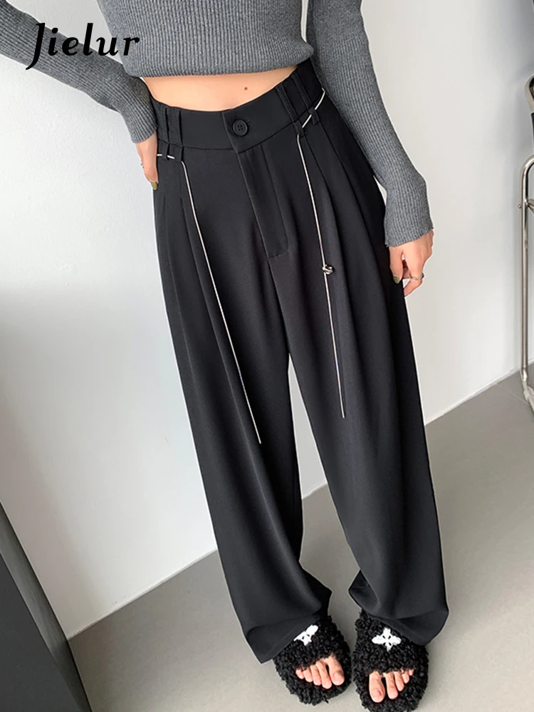 Jielur Kette Herbst lose schlanke schicke Damen hose einfarbig hohe Taille gerade Taschen weibliche Anzug hose Mode Streetwear