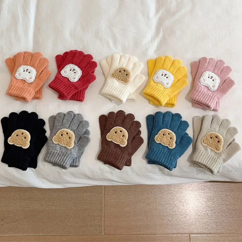 2024 New Children Warm Gloves Autumn Winter Cartoon Bear  Baby Five Finger Mittens Students Toddler Writing Cycling Mitten 1-4Y