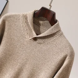 Autumn and Winter New Men's 100% Merino Wool Knitted Bottom Sweater with One Button Collar, Thick, Warm and Loose Pullover