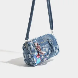 Ścieg kontrastowy kolor Denim Cartoon torby Crossbody damskie modne torebki Casual tornister torby z grubej bawełny plecaki prezenty dla przyjaciół