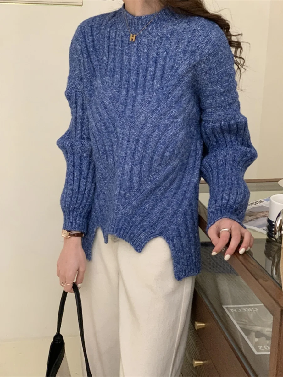 JingTai Deep Blue Knitted Sweater Mixed Yarn 3D Knitwear French Sle round Ne Long Sve Regular Fit Single Piece