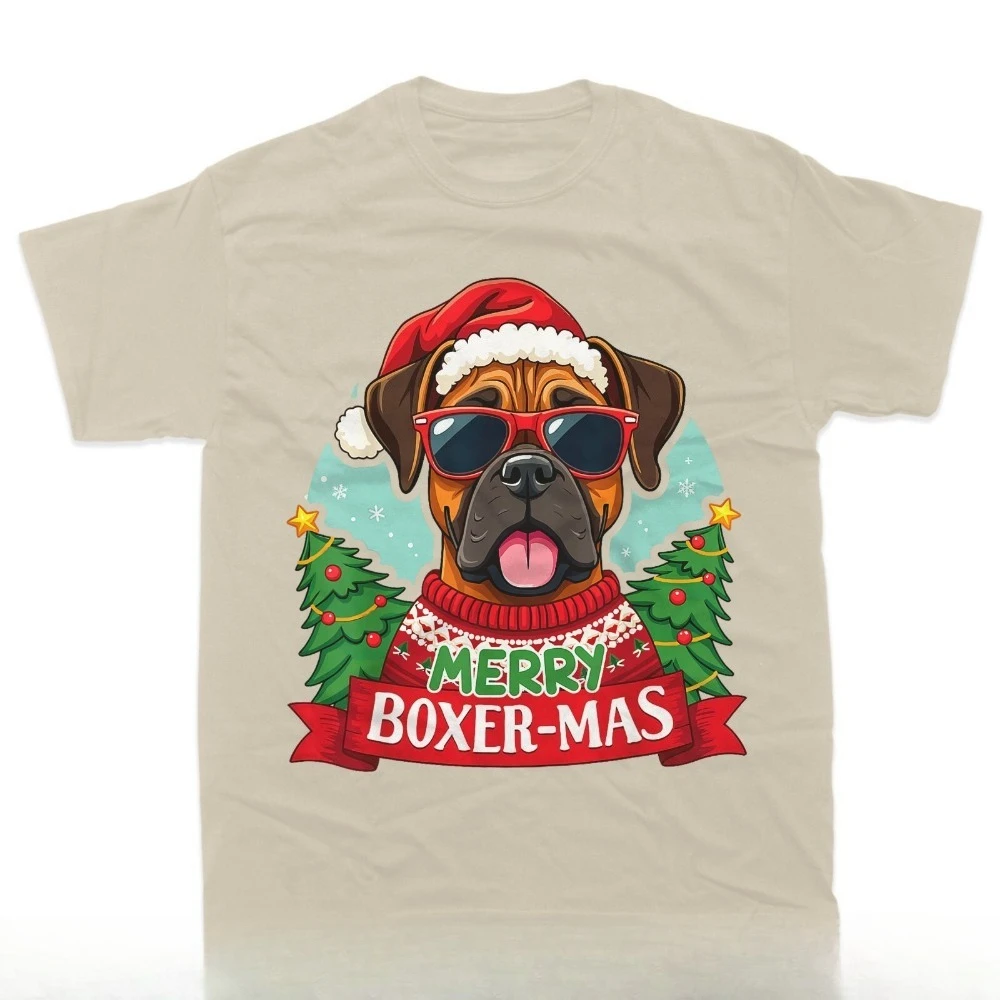 Merry Boxer-mas Cute Boxer Dog Christmas T-Shirt Streetwear Printed T-shirt Top O-neck Short-sleeve Tees Streetwear