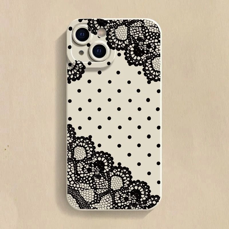 Vintage Black Lace Polka Dot Print Soft TPU Shockproof Back Cover Phone Case For Samsung S26 S25 FE S24 Plus S23 Ultra S22 S21