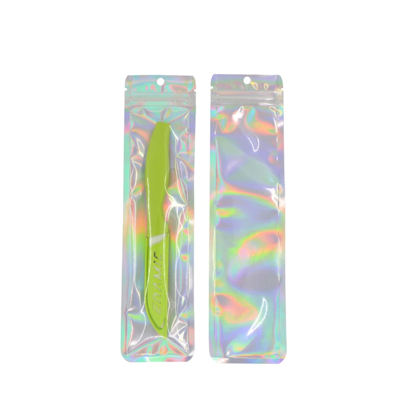 100 Pcs Hologram Aluminum Foil And Transparent Zip Lock Bags Long Plastic Pouch Watch Pen Jewelry Cosmetic Usb Data Cable Bags